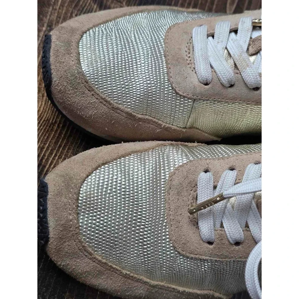 Michael Kors Stanton Womens Sneakers Size 7.5 Tan Brown Gold Leather Suede Shoes